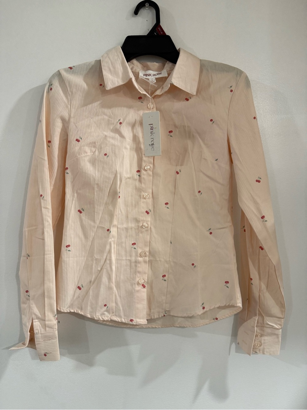 Pink Rose Light Peach Shirt with Red Cherry Embroidery